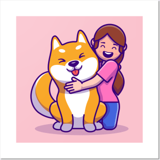 Cute Girl With Shiba Inu Dog Cartoon Posters and Art